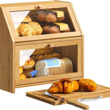 BMOSU Bread Box with Cutting Board Kitchen Bread Storage Organizer Farmhouse Countertop Bread Box Double Bamboo Wood Bread Box(Natural)