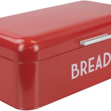 Home Basics Grove Bread Box For Kitchen Counter Dry Food Storage Container, Bread Bin, Store Bread Loaf, Dinner Rolls, Pastries, Baked Goods & More, Retro Vintage Design, Red