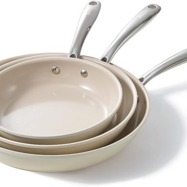 Redchef Nonstick Frying Pans Set, Ceramic Pan Skillet, Non Toxic Pans for Cooking, 8" 9.5" 11" Ceramic Frying Pan Set PFAS & PTFE & PFOA Free with Stay Cool Handle, Dishwasher & Oven Safe, Beige White