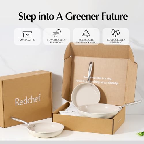 Redchef Nonstick Frying Pans Set, Ceramic Pan Skillet, Non Toxic Pans for Cooking, 8" 9.5" 11" Ceramic Frying Pan Set PFAS & PTFE & PFOA Free with Stay Cool Handle, Dishwasher & Oven Safe, Beige White - Image 5