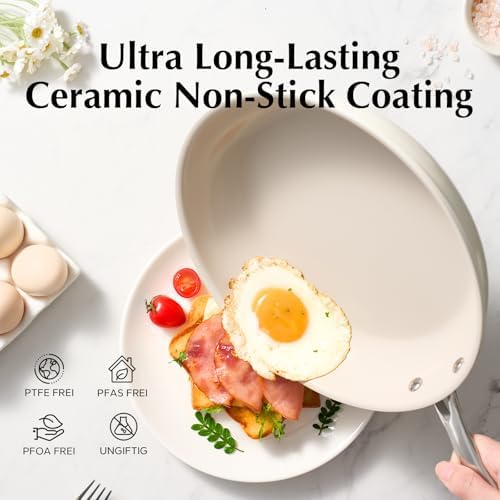Redchef Nonstick Frying Pans Set, Ceramic Pan Skillet, Non Toxic Pans for Cooking, 8" 9.5" 11" Ceramic Frying Pan Set PFAS & PTFE & PFOA Free with Stay Cool Handle, Dishwasher & Oven Safe, Beige White - Image 6